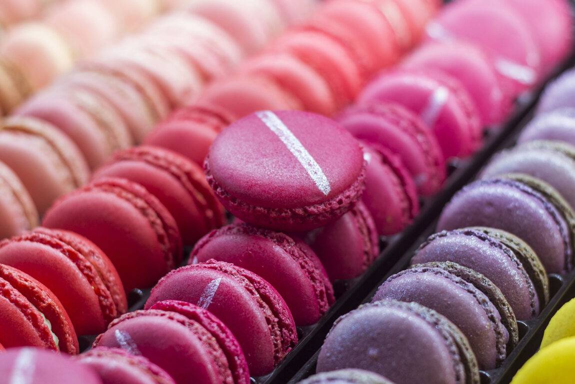 rows of colourful macarons