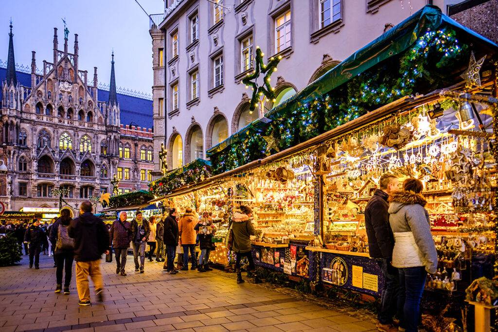 Some of the stalls at the Munich Christmas market with Marienplatz in the background