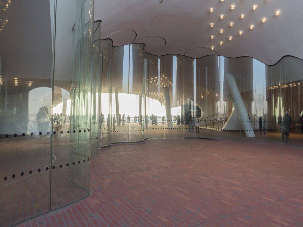 The interior of the Elbphilharmonie Plaza in Hamburg, viewed from the outside