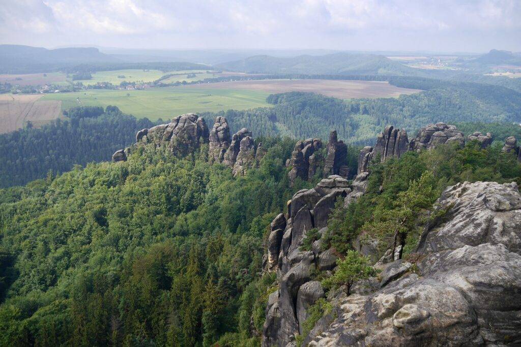 A view across a rocky mountain landscape in Saxon Switzerland National Park